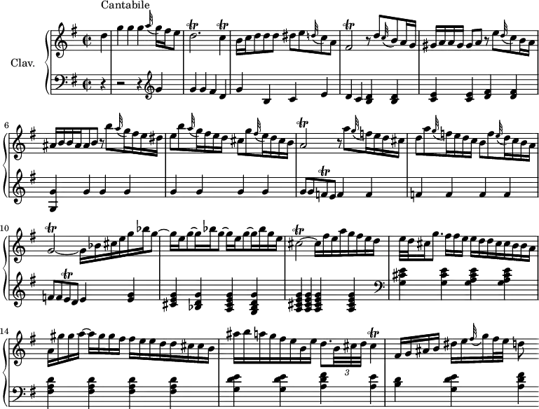 
\version "2.18.2"
\header {
  tagline = ##f
  % composer = "Domenico Scarlatti"
  % opus = "K. 144"
  % meter = "Cantabile"
}

%% les petites notes
trillAb       = { \tag #'print { a2\trill } \tag #'midi { b32 a b a~ a8~ a4 } }
trillDbp      = { \tag #'print { d2.\trill } \tag #'midi { e32 d e d~ d8~ d2 } }
trillC        = { \tag #'print { c4\trill } \tag #'midi { d32 c d c~ c8 } }
trillFisb     = { \tag #'print { fis2\trill } \tag #'midi { g32 fis g fis~ fis8~ fis4 } }
trillFq       = { \tag #'print { f8\trill } \tag #'midi { g32 f g f } }
trillEq       = { \tag #'print { e8\trill } \tag #'midi { f32 e f e } }
trillGb       = { \tag #'print { g2\trill~ } \tag #'midi { a32 g a g~ g8~ g4~ } }
trillCisb     = { \tag #'print { cis2\trill~ } \tag #'midi { d32 cis d cis~ cis8~ cis4~ } }
trillCis      = { \tag #'print { cis4\trill } \tag #'midi { d32 cis d cis~ cis8 } }
trillEqp      = { \tag #'print { e8.\trill } \tag #'midi { fis32 e fis e~ e16 } }

upper = \relative c'' {
  \clef treble 
  \key g \major
  \time 2/2
  \tempo 2 = 42
  \set Staff.midiInstrument = #"harpsichord"
  \override TupletBracket.bracket-visibility = ##f

%  \repeat volta 2 {
      s8*0^\markup{Cantabile}
      \partial 4 d4 | g g g \appoggiatura a32 g16 fis e8 | \trillDbp \trillC  | b16 c d8 d d dis e \appoggiatura d32 c8 a | \trillFisb r8 d'8 \appoggiatura c32 b8 a16 g | 
      % ms. 5
      gis16 a a gis gis8[ a] r8 e'8 \appoggiatura d32 c8 b16 a ais16 b b ais ais8 b  r8 b'8 \appoggiatura a32 g16 fis e dis | e8 b'  \appoggiatura a32 g16 fis e d cis8 g' \appoggiatura fis32 e16 d cis b | 
      % ms. 8
      \trillAb r8 a'8 \appoggiatura g32 f16 e d cis | d8 a' \appoggiatura g32 f16 e d c b8 f' \appoggiatura e32 d16 c b a | \trillGb g16 bes cis e g bes g8~ |
      % ms. 11
      g16 e g8~ g16 bes g8~ g16 e g8~ g16 bes g e  | \trillCisb cis16 fis e a g fis e d | e32 d cis16 g'8. fis16[ fis e] e d d cis cis b b a |
      % ms. 14
      a16[ gis' gis a~] a gis gis fis fis e e d d cis cis b | 
      ais' b a g fis e b e d8. \times 2/3 { b32 cis d } \trillCis |
      fis,16 g ais b dis e \appoggiatura fis32 g16 fis32 e d8 %[ \times 2/3 { e32 d64 cis d e] } \trillEqp d16 |

      % croche = 4-16 / 8-32 16-64 / 4-32 = 8 || par 5 puis par 7 ? — PAS TROUVER DE SOLUTION POUR L'INSTANT…
      % ms. 17
    %  fis,16[ g ais b] dis[ e \appoggiatura fis32 g16 fis32 e] d8[ e32 d64 cis d e d e] \trillEqp d16 |
     % d d' a fis d a fis d s4. }%repet
      % ms. 19
      

}

lower = \relative c' {
  \clef bass
  \key g \major
  \time 2/2
  \set Staff.midiInstrument = #"harpsichord"
  \override TupletBracket.bracket-visibility = ##f

%  \repeat volta 2 {
    % ************************************** \appoggiatura a16  \repeat unfold 2 {  } \times 2/3 { }   \omit TupletNumber 
      r4 | r2 r4   \clef treble g'4 | g g fis d | g b, c e | d c < b d > q |
      % ms. 5
      < c e >4 q < d fis > q | < g, g' > \repeat unfold 7 { g'} | 
      % ms. 8
      g8 g \trillFq e8 \repeat unfold 6 { f4 } | f8 f \trillEq d8 e4 < e g > |
      % ms. 11
      < cis e g >4 < bes d g > < a cis e g > < g bes d g > | \repeat unfold 4 { < a cis e g >4 }   \clef bass | < g cis e >4 q < g a cis e > q |
      % ms. 14
      \repeat unfold 4 { < fis a d >4 } | < g d' e >4 q < a d fis > < a e' > | < b d >4 < g d' e > < a d fis > % < a e' >
      % ms. 17
  %    < b d >4 < g d' e > < a d fis > < a cis e g >  | d,4 s4 a'16[ fis d a] d,8  }%repet
      % ms. 19
      

}

thePianoStaff = \new PianoStaff <<
    \set PianoStaff.instrumentName = #"Clav."
    \new Staff = "upper" \upper
    \new Staff = "lower" \lower
  >>

\score {
  \keepWithTag #'print \thePianoStaff
  \layout {
      #(layout-set-staff-size 17)
    \context {
      \Score
     \override SpacingSpanner.common-shortest-duration = #(ly:make-moment 1/2)
      \remove "Metronome_mark_engraver"
    }
  }
}

\score {
  \keepWithTag #'midi \thePianoStaff
  \midi { }
}
