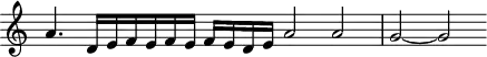
\header {
  tagline = ##f
}

\score {
  \new Staff \with {
     \remove "Time_signature_engraver"
  }
<<
  \relative c'' {
    \key c \major
    %\clef bass
    \time 4/2
    \override TupletBracket #'bracket-visibility = ##f 

     %%% f° 72v
     a4. d,16[ e f e f e] f e d e  a2 a  g~ g

  }
>>
  \layout {
     \context { \Score \remove "Metronome_mark_engraver" }
  }
  \midi {}
}
