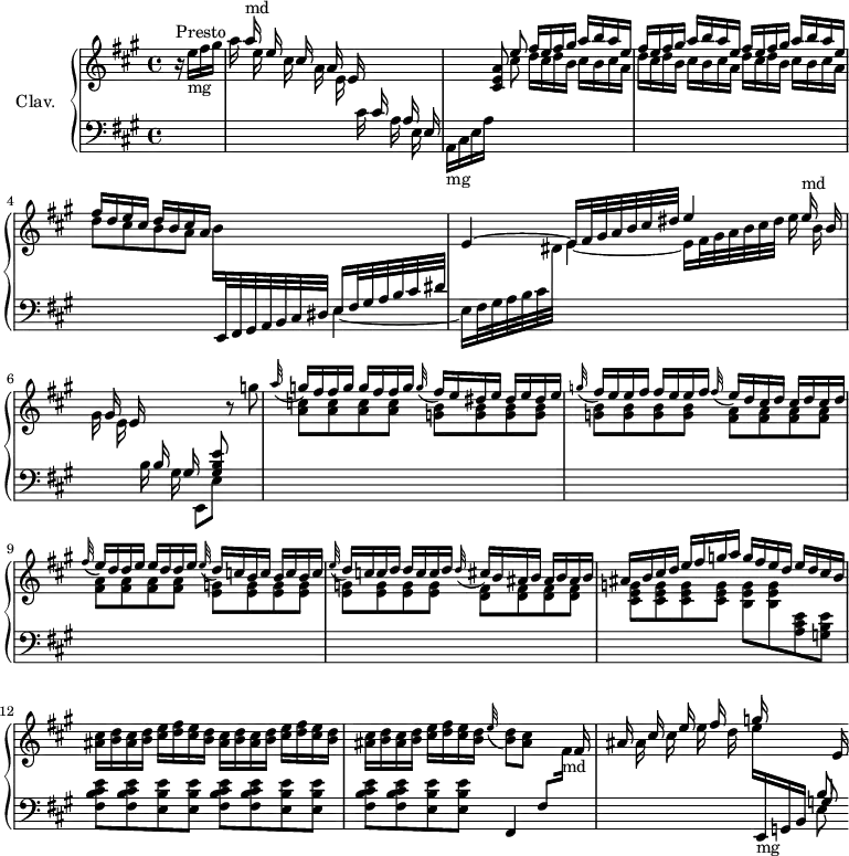 
\version "2.18.2"
\header { 
  tagline = ##f
  % composer = "Domenico Scarlatti"
  % opus = "K. 24"
  % meter = "Presto"
}

%% les petites notes
trillBesp     = { \tag #'print { bes4.\prall } \tag #'midi { c32 bes c bes~ bes4 } }

upper = \relative c'' {
  \clef treble 
  \key a \major
  \time 4/4
  \tempo 4 = 110
  \set Staff.midiInstrument = #"harpsichord"
  \override TupletBracket.bracket-visibility = ##f

      s8*0^\markup{Presto}
      \partial 4 \stemUp s4 s16 a'16^\markup{md} s16 e16 s16 cis16 s16 a16 s16 e16 s16 \stemUp \change Staff = "lower" cis16 s16 a16 s16 e16 |  \change Staff = "upper"  s4 \autoBeamOff < cis' e a >8 \autoBeamOn e' \repeat unfold 3 { fis16 e fis gis a b a e }
      % ms. 4
      fis16 d e cis d b cis a s4 \stemUp \change Staff = "lower" e,16 fis32 gis a b cis dis \change Staff = "upper" e4^~ e16 fis32 gis a b cis dis | \stemUp
      % ms. 5
      e4 s16 e16^\markup{md} s16 b16 s16 gis16 s16 e16 s16  \stemUp \change Staff = "lower" b16 s16 gis s8 < gis b e >8 \stemDown \change Staff = "upper" r8 g''8 | \appoggiatura  a32 \stemUp g16 fis fis g g fis fis g  \appoggiatura  g32 fis16 e \repeat unfold 3 { dis16 e }
      % ms. 8
      \appoggiatura  g32 \stemUp fis16 e e fis fis e e fis \appoggiatura  fis32 e16 d \repeat unfold 3 { cis16 d }   |   \appoggiatura  fis32 e16 d d e e d d e  \appoggiatura e32 d16 c \repeat unfold 3 { b16 c }   |   \appoggiatura  e32 \stemUp d16 c c d d c c d   \appoggiatura d32 cis16 b \repeat unfold 3 { ais16 b }   |
      % ms. 11
      ais16 b cis d e fis g a g fis e d e d cis b | \stemNeutral \repeat unfold 3 { \repeat unfold 2 {< ais cis >16 < b d > } < cis e >16 < d fis > < cis e > < b d > } \appoggiatura  e32 < b d >8 < ais cis > s8 s16 \stemUp fis16 |
      % ms. 14
      ais16 s16 cis16 s16 e16 s16 fis16 s16 g16 s16 s8  \stemUp \change Staff = "lower" b,,8 \change Staff = "upper" e16

}

lower = \relative c' {
  \clef bass
  \key a \major
  \time 4/4
  \set Staff.midiInstrument = #"harpsichord"
  \override TupletBracket.bracket-visibility = ##f

    % ************************************** \appoggiatura \repeat unfold 2 {  } \times 2/3 { }
      \stemDown \change Staff = "upper" r16 e'16-\markup{mg} fis gis | \autoBeamOff a16 s16 e s16 cis s16 a s16 e s16 \change Staff = "lower" cis s16 a s16 e s16 | \autoBeamOn a,-\markup{mg} cis e a | s8 \stemDown \change Staff = "upper" cis'8 \repeat unfold 3 { d16 cis d b cis b cis a  }
      % ms. 4
      d8 cis b a b16 \stemUp \change Staff = "lower"   \omit TupletNumber \times 6/7 { e,,,32 fis gis a b cis dis } \stemDown  e4_~ e16 fis32 gis a b cis \stemDown \change Staff = "upper" dis e4_~
      % ms. 5
      e16 fis32 gis a b cis dis e16 s16 b s16 gis s16 e s16  \change Staff = "lower"  b s16 gis s16 e,8 e' s4 | \stemDown \change Staff = "upper" < a' c >8    q q q \repeat unfold 8 { < g b >8 } |
      % ms. 8 suite
      \repeat unfold 8 { < fis a >8 } | \repeat unfold 8 { < e g >8 } \repeat unfold 4 { < d fis >8 }
      % ms. 11
      \repeat unfold 4 { < cis e g >8 } < b e g >8 q   \change Staff = "lower"  < a cis e >8 < g b e > | \repeat unfold 3 { < fis b cis e >8-\tweak stencil ##f \p q < e b' e > q } | \stemUp fis,4 fis'8 \stemDown \change Staff = "upper" fis'16-\markup{md}-\tweak stencil ##f \mf | s8
      % ms. 14
      ais16 s16 cis16 s16 e16 s16 d e16 \stemUp \change Staff = "lower"   e,,,16-\markup{mg} g b << { \shiftOn g'8 } \\ { e8 } >>

}

thePianoStaff = \new PianoStaff <<
    \set PianoStaff.instrumentName = #"Clav."
    \new Staff = "upper" \upper
    \new Staff = "lower" \lower
  >>

\score {
  \keepWithTag #'print \thePianoStaff
  \layout {
      #(layout-set-staff-size 17)
    \context {
      \Score
     \override SpacingSpanner.common-shortest-duration = #(ly:make-moment 1/2)
      \remove "Metronome_mark_engraver"
    }
  }
}

\score {
  \keepWithTag #'midi \thePianoStaff
  \midi { }
}
