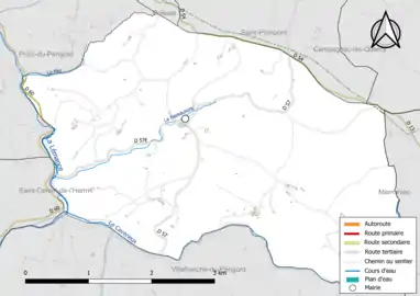 Carte en couleur présentant le réseau hydrographique de la commune