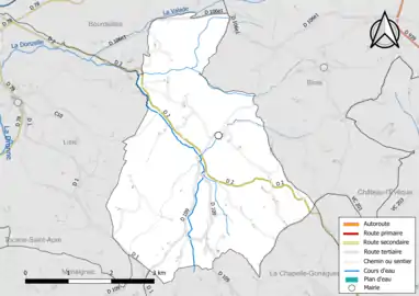 Carte en couleur présentant le réseau hydrographique de la commune
