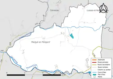 Carte en couleur présentant le réseau hydrographique de la commune