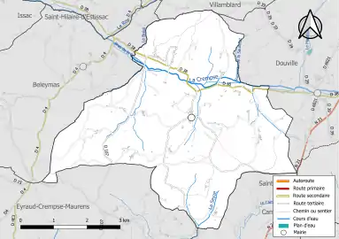 Carte en couleur présentant le réseau hydrographique de la commune
