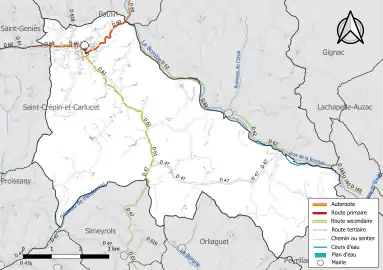 Carte en couleur présentant le réseau hydrographique de la commune