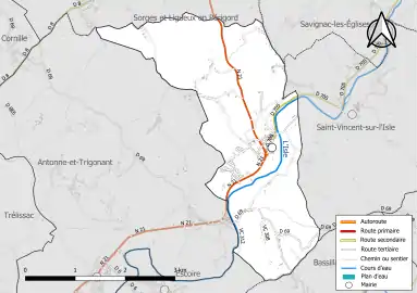 Carte en couleur présentant le réseau hydrographique de la commune