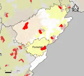 Localisation de l'aire d'attraction de Pontarlier dans le département du Doubs.