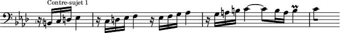 
\version "2.18.2"
\header {
  tagline = ##f
}

\score {
  \new Staff \with {
    \remove "Time_signature_engraver"
  }
<<
  \relative c {
    \clef bass
    \key f \minor
    \time 4/4

     %% CONTRE-SUJET fugue CBT I-12, BWV 857, fa mineur
     \partial 2 \parenthesize r16 b16^\markup{\tiny "Contre-sujet 1"} c d ees4 r16 c16 d ees f4 r16   ees16 f g aes4 r16 g16 a b c4~ c8 b16 a b4\prall 
{ 
 % suppression des warnings :
 #(ly:set-option 'warning-as-error #f)
 #(ly:expect-warning (_ "stem does not fit in beam")) %% <= à traduire éventuellement
 #(ly:expect-warning (_ "beam was started here")) %% <= à traduire éventuellement
  \set stemRightBeamCount = #1
  c4*1/2[ s]
}

  }
>>
  \layout {
     \context { \Score \remove "Metronome_mark_engraver" 
     %\override SpacingSpanner.common-shortest-duration = #(ly:make-moment 1/2) 
}
  }
  \midi {} 
}
