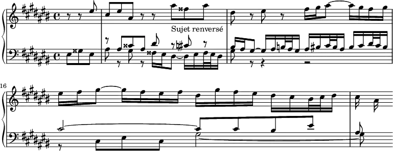 
\version "2.18.2"
\header {
  tagline = ##f
}

upper = \relative c'' {
  \clef treble 
  \key cis \major
  \time 4/4
  \tempo 4 = 69
  \set Staff.midiInstrument = #"harpsichord" 
  \set Score.currentBarNumber = #14

   %% FUGUE CBT II-3, BWV 872, ut-dièse majeur — canon ms. 14 sqq
   \partial 4. r8 r8 \stemUp eis8 cis eis ais, r8 r8 \stemDown ais'8-\markup{Sujet renversé} fisis8 ais dis, r8 eis r8 fis16 gis ais8~ ais16 gis fis gis eis fis gis8~ gis16 fis eis fis dis gis fis eis dis cis bis32 cis dis16 cis16 ais
   
}

lower = \relative c {
  \clef bass 
  \key cis \major
  \time 4/4
  \set Staff.midiInstrument = #"harpsichord" 
    
   << { s4 s8 r8 ais'8 cisis ais dis r8 cis r8 | bis16 ais gis8~ gis16 ais b32 ais gis16 ais bis cis32 bis ais16 bis cis dis32 cis bis16 cis2~ cis8 cis bis eis ais,8 } \\ { eis8 gisis eis ais r8 gis r8 fisis16 eis dis8~ dis16 eis fisis32 eis dis16 gis8 r8 r4 r2 r8 cis,8 eis cis gis'2~ gis8 } >>
    
} 

\score {
  \new PianoStaff <<
    \set PianoStaff.instrumentName = #""
    \new Staff = "upper" \upper
    \new Staff = "lower" \lower
  >>
  \layout {
    indent = #0
    \context {
      \Score
      \remove "Metronome_mark_engraver"
    }
  }
  \midi { }
}
