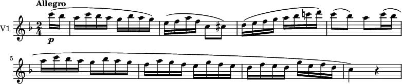 \new Staff \with { instrumentName = #"V1 "} \relative c''' {
\version "2.18.2"
\key f \major
\tempo "Allegro"
\tempo 4 = 110
\time 2/4
\partial 8 c16\p (bes a c bes a g bes a g)
e (f a f c8 cis)
d16 (e f g a bes c! d)
c8 (bes) a c16 (bes a c bes a g bes a g f a g f e g f e d f e d g e f d c4) r
}
