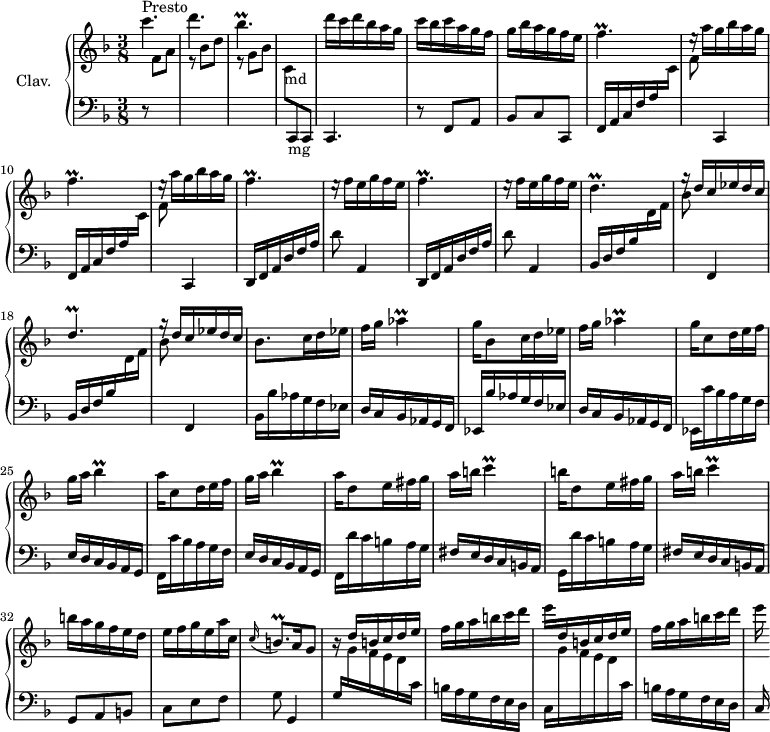 
\version "2.18.2"
\header {
  tagline = ##f
  % composer = "Domenico Scarlatti"
  % opus = "K. 367"
  % meter = "Presto"
}

%% les petites notes
trillFp     = { \tag #'print { f4.\prall } \tag #'midi { g32 f g f~ f4 } }
trillDp     = { \tag #'print { d4.\prall } \tag #'midi { e32 d e d~ e4 } }
trillBesp   = { \tag #'print { bes4.\prall } \tag #'midi { c32 bes c bes~ bes4 } }
trillDEesp  = { \tag #'print { d4.\prall } \tag #'midi { ees32 d ees d~ d4 } }
trillAes    = { \tag #'print { aes4\prall } \tag #'midi { bes32 aes bes aes~ aes8 } }
trillBes    = { \tag #'print { bes4\prall } \tag #'midi { c32 bes c bes~ bes8 } }
trillC      = { \tag #'print { c4\prall } \tag #'midi { d32 c d c~ c8 } }
trillBqp    = { \tag #'print { b8.\prall } \tag #'midi { c32 b c b~ b16 } }


upper = \relative c'' {
  \clef treble 
  \key f \major
  \time 3/8
  \tempo 4. = 72
  \set Staff.midiInstrument = #"harpsichord"

      s8*0^\markup{Presto}
      c'4. d \trillBesp | s4. | d16 c d bes a g |
      % ms. 6
      c bes c a g f | g bes a g f e | \trillFp | \repeat unfold 2 { e16\rest a16 g bes a g | \trillFp }
      % ms. 12
      e16\rest f16 e g f e | \trillFp | e16\rest f16 e g f e | \trillDp | \stemUp g16\rest d16 c ees d c |
      % ms. 18
      \trillDEesp | \stemUp g16\rest d16 c ees d c \stemNeutral | bes8. c16 d ees | f g \trillAes | g16 bes,8 c16 d ees | f g \trillAes |
      % ms. 24
      g16 c,8 d16 e f | g a \trillBes | a16 c,8 d16 e f | g a \trillBes | a16 d,8 e16 fis g | a b \trillC
      % ms. 30
      b16 d,8 e16 fis g | a b \trillC | b16 a g f e d | e f g e a c, | \appoggiatura c16 \trillBqp   \tempo 4. = 42 a16   \tempo 4. = 30 g8   \tempo 4. = 72 | \stemUp r16 d'16 b c d e |
      % ms. 36
      \stemNeutral  f16 g a b c d \stemDown | e \stemUp d, b c d e | \stemNeutral  f g a b c d | \stemDown e 

}

lower = \relative c' {
  \clef bass
  \key f \major
  \time 3/8
  \set Staff.midiInstrument = #"harpsichord"

    % ************************************** \appoggiatura a16  \repeat unfold 2 {  } \times 2/3 { }   \omit TupletNumber 
      r8 \stemDown \change Staff = "upper"  f8 a | r8 bes8 d | r8 g,8 bes | c,8-\markup{md} \stemUp \change Staff = "lower" c,,-\markup{mg} c| c4. 
      % ms. 6
      r8 f8 a | bes c c, | \repeat unfold 2 { f16 a c f a \stemDown \change Staff = "upper" c | f8 \stemUp \change Staff = "lower" c,,4 } \stemNeutral | 
      % ms. 12
      \repeat unfold 2 { d16 f a d f a  | d8 a,4 } | \repeat unfold 2 { \stemUp bes16 d f bes \stemDown \change Staff = "upper" d f |
      % ms. 18
      bes8 \stemNeutral \change Staff = "lower" f,,4 } | bes16 \repeat unfold 2 { bes' aes g f ees | d c bes aes g f |
      % ms. 24
      ees16 } \repeat unfold 2 { c'' bes a g f | e d c bes a g | f } d'' c b a g | fis e d c b a | g d'' c b a g | fis e d c b a |
      % ms. 30
      g8 a b  | c e f | g g,4 | % d'' c b a g | fis e d c b a |
      % ms. 36
      \stemUp g'16 \repeat unfold 2 { \stemDown \change Staff = "upper" g' f e d \change Staff = "lower" c \stemNeutral   | b a g f e d | c } 

}

thePianoStaff = \new PianoStaff <<
    \set PianoStaff.instrumentName = #"Clav."
    \new Staff = "upper" \upper
    \new Staff = "lower" \lower
  >>

\score {
  \keepWithTag #'print \thePianoStaff
  \layout {
      #(layout-set-staff-size 17)
    \context {
      \Score
     \override TupletBracket.bracket-visibility = ##f
     \override SpacingSpanner.common-shortest-duration = #(ly:make-moment 1/2)
      \remove "Metronome_mark_engraver"
    }
  }
}

\score {
  \keepWithTag #'midi \thePianoStaff
  \midi { }
}
