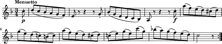\relative c' {
\version "2.18.2"
\tempo "Menuetto"
\key f \major
\time 3/4
\partial 8 c'8-.\p d (c bes a g f)
e r8 r4 r8 g-.
bes (g e d c bes)
a r8 r4 r8 c'8-.\f
a' (f) e (d) cis (d)
g (e) d (c!) b (c)
a' (f) e (d) cis (d)
c! (e) g (e) c' (g)
bes! (a) g (f) e (d)
c2 r8 \bar ":|."
}