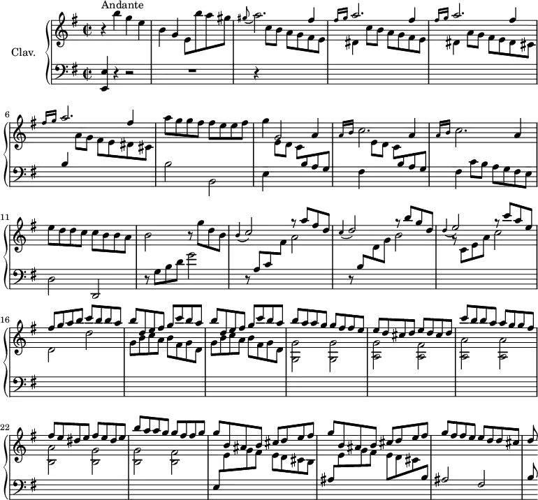 
\version "2.18.2"
\header {
  tagline = ##f
  % composer = "Domenico Scarlatti"
  % opus = "K. 232"
  % meter = "Andante"
}

%% les petites notes
%trillBesp     = { \tag #'print { bes4.\prall } \tag #'midi { c32 bes c bes~ bes4 } }

upper = \relative c'' {
  \clef treble 
  \key e \minor
  \time 2/2
  \tempo 2 = 72
  \set Staff.midiInstrument = #"harpsichord"
  \override TupletBracket.bracket-visibility = ##f

      s8*0^\markup{Andante}
      r4 b'4 g e | b g e8 b'' a gis | \appoggiatura gis8 a2. \stemUp fis4 | \repeat unfold 3 { \grace { \tempo 2 = 30 fis16 g }   \tempo 2 = 72 a2. \stemUp fis4 } \stemNeutral 
      % ms. 7
      a8 g g fis fis e e fis | g4 g,2 a4 |
      % ms. 9
      \repeat unfold 2 { \grace { \tempo 2 = 30 a16 b } \tempo 2 = 72 c2. a4 } | e'8 d d c c b b a | b2 r8 g'8 d b |
      % ms. 13
      \appoggiatura b4 \stemUp c2 g'8\rest a8 fis d | \appoggiatura c4 d2 g8\rest b8 g d | \appoggiatura d4 e2 g8\rest c8 a e | fis g a b c b b a |
      % ms. 17
      \repeat unfold 2 { b8 d, e fis g c b a } | b a a g g fis fis e | \repeat unfold 2 { e d cis d }
      % ms. 21
      c'8 b b a a g g fis| \repeat unfold 2 { fis e dis e } | b'8 a a g g fis fis g | \repeat unfold 2 { g b, ais b cis d e fis } |
      % ms. 26
      g8 fis fis e e d d cis | d
      % ms. 29
      

}

lower = \relative c' {
  \clef bass
  \key e \minor
  \time 2/2
  \set Staff.midiInstrument = #"harpsichord"
  \override TupletBracket.bracket-visibility = ##f

    % ************************************** \appoggiatura a16  \repeat unfold 2 {  } \times 2/3 { }   \omit TupletNumber 
      < e,, e' >4 r4 r2 | R1 | r4 \stemDown \change Staff = "upper" \repeat unfold 2 { c'''8 b a g fis e |
      % ms. 5
      dis4 } a'8 g fis e dis cis | \stemUp \change Staff = "lower" b4   \stemDown \change Staff = "upper" a'8 g fis e dis cis | \stemNeutral \change Staff = "lower" b2 b,2 | e4 \repeat unfold 2 { \stemDown \change Staff = "upper" e'8 d c \stemNeutral \change Staff = "lower" b a g |
      % ms. 9
      fis4 } c'8 b a g fis e | d2 d, | r8 g'8 b d g2 |
      % ms. 13
      r8 a,8 c \stemDown \change Staff = "upper" fis a2 | \stemUp \change Staff = "lower" r8 b,8 \stemDown \change Staff = "upper"  d g b2 | r8 c,8 e a c2 | d, d' |
      % ms. 17
      \repeat unfold 2 { g,8 b c a b fis g d } | < g, g' >2 q | < a g' > < a fis' >
      % ms. 21
      < a a' >2 q | < b a' > < b g' > | q < b fis' > | \stemUp \change Staff = "lower" e,8  \stemDown \change Staff = "upper"  e' g fis e d cis b |
      % ms. 25
      \stemUp \change Staff = "lower" ais8  \stemDown \change Staff = "upper" e' g fis e d cis \stemUp \change Staff = "lower"  b | ais2 fis | b8
      % ms. 29
      

}

thePianoStaff = \new PianoStaff <<
    \set PianoStaff.instrumentName = #"Clav."
    \new Staff = "upper" \upper
    \new Staff = "lower" \lower
  >>

\score {
  \keepWithTag #'print \thePianoStaff
  \layout {
      #(layout-set-staff-size 17)
    \context {
      \Score
     \override SpacingSpanner.common-shortest-duration = #(ly:make-moment 1/2)
      \remove "Metronome_mark_engraver"
    }
  }
}

\score {
  \keepWithTag #'midi \thePianoStaff
  \midi { }
}
