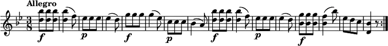 \relative c'' {
\version "2.18.2"
\key bes \major
\tempo "Allegro"
\time 3/8
\tempo 4 = 130
<d bes'>8\f <d bes'> <d bes'>
<d bes'>4 (f8)
ees\p ees ees
ees4 (d8)
g\f g g
g4 (ees8)
c\p c c
bes4 (a8)
<d bes'>8\f <d bes'> <d bes'>
<d bes'>4 (f8)
ees\p ees ees
ees4 (d8)
<bes g'>8\f <bes g'> <bes g'>
<bes f'>4 (bes'8)
ees, d c
<d, bes'>4 r8\bar ":|."
}