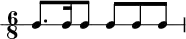 
\version "2.18.2"
\header {
  tagline = ##f
}
    
    \new RhythmicStaff  {
    \time 6/8
         b8. b16 b8 b8 b b
      }
