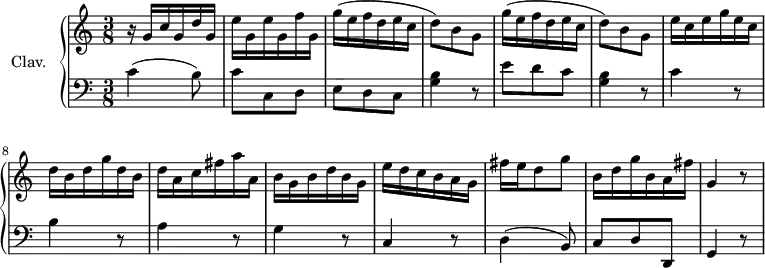 \version "2.18.2"
\header {
  tagline=##f
}
upper=\relative c'' {
  \clef treble 
  \key c \major
  \time 3/8
  \tempo 4.=92
  \tempo "Con brio"
  \set Staff.midiInstrument=#"harpsichord"
  r16 g c g d' g,|e' g, e' g, f' g,|\repeat unfold 2 { g'16( e f d e c|d8) b g }
  e'16 c e g e c d b d g d b d a c fis a a, b g b d b g e' d c b a g fis' e d8 g b,16 d g b, a fis' g,4 r8
}
lower=\relative c' {
  \clef bass
  \key c \major
  \time 3/8
  \set Staff.midiInstrument=#"harpsichord"
   
   c4( b8)|c8 c, d|e d c < g' b >4 r8|e'8 d c < g b >4 r8
   c4 r8 b4 r8 a4 r8 g4 r8 c,4 r8 d4( b8) c d d, g4 r8
}
\score {
  \new PianoStaff <<
    \set PianoStaff.instrumentName=#"Clav."
    \new Staff="upper" \upper
    \new Staff="lower" \lower
  >>
  \layout {
    \context {
      \Score
      \remove "Metronome_mark_engraver"
    }
  }
  \midi { }
}