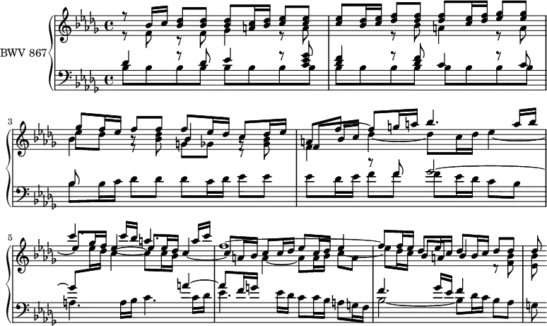 
\version "2.18.2"
\header {
  tagline = ##f
}

upper = \relative c'' {
    \clef treble 
    \key bes \minor
    \time 4/4
    \tempo 4 = 44
    \set Staff.midiInstrument = #"harpsichord" 

   %% PRÉLUDE CBT I-17, BWV 858, la bémol majeur
   << { r8 bes16 c < des bes >8 q q < c a >16 < des bes > < ees c >8 < ees c > < ees c > < des bes >16 < ees c > < f des >8 < f des > q < ees c >16 < f des > < ges ees >8 q } \\ { r8 f,8 r8 f ges4 r8 a8 s4 r8 bes8 a4 r8 a8 } >>
   % ms. 3
   << { ges'8 f16 ees f8 f f ees16 des c8 des16 ees } 
   \\ { \shiftOnnn bes4 f8\rest s8 g8 ges d8\rest } 
   \\ { \stemDown ees'8 des bes8\rest < bes des >8 \shiftOnnn \stemUp bes4 g8\rest \stemDown < ges bes >8 } >> 
   % ms. 4
   << {  a8 f'~ f g16 a bes4. a16 bes | c4. c16 bes a4. a16 c | f,1~ | f8 f16 ees des8 ees16 c des8 bes16 c des8 des des } 
   \\ { \shiftOnnn \stemUp f,8 bes16 c s4*8 c8 c16 des ees8 c16 des ees4_~ | \stemDown ees8 des16 c \stemUp \shiftOnnn bes8 a \shiftOnnn bes4 } 
   \\ { \mergeDifferentlyHeadedOn \stemDown f4  des'4_~ des8 c16 des ees4_~ \shiftOnnn \stemUp ees8 ges16 f ees4_~ \shiftOnnn ees8 ees16 des c4_~ | c8 a16 bes \stemDown  a4_~ a8 a16 bes c8 a s4*3 d,8\rest < f bes >8 < ees bes' >  } >>
   
   
}

lower = \relative c' {
    \clef bass 
    \key bes \minor
    \time 4/4
    \set Staff.midiInstrument = #"harpsichord" 

   << { des4 r8 des8 ees4 r8 < ges ees c >8 < f des >4 r8 q c4 r8 c8 } \\ { \repeat unfold 16 { bes8 } } >> |
   << { bes8 } \\ { bes8 bes16 c } >> des8 des des c16 des ees8 ees | ees des16 ees 
   << { r8 f8 ges2~ | ges8 \stemDown \change Staff = "upper" ees'16 des c4~ c8 c16 bes \stemUp  \change Staff = "lower" a4~ | a8 f16 g s4*3 | f4. ges16 ees f4 } 
   \\ { f8 f f ees16 des c8 bes | a4. a16 bes c4. c16 des| ees4. ees16 des c8 c16 bes a8 g16 f | bes2~ bes8 des16 c bes8 aes g } >>

} 

\score {
  \new PianoStaff <<
    \set PianoStaff.instrumentName = #"BWV 867"
    \new Staff = "upper" \upper
    \new Staff = "lower" \lower
  >>
  \layout {
    \context {
      \Score
      \remove "Metronome_mark_engraver"
    }
  }
  \midi { }
}

