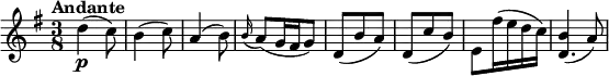\relative c'' {
\version "2.18.2"
\key g \major
\numericTimeSignature
\time 3/8
\tempo "Andante"
\tempo 4 = 70
d4\p^ (c8)
b4 (c8)
a4 (b8)
\grace b16 (a8) (g16 fis g8)
d (b' a)
d, (c' b)
e, fis'16 (e d c)
<<\relative {b'4 (a8) }\relative {d'4.}>>
}