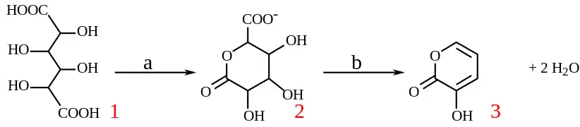 Conversion de l'acide mucique (1) en 3-hydroxy-2-pyrone (3) sous l'action d'hydrogénosulfate de potassium à 160 °C pendant quatre heures (a) puis d'acide chlorhydrique jusqu'à pH = 7 (b).