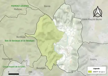 Carte de la ZNIEFF de type 2 sur la commune.
