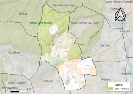 Carte de la ZNIEFF de type 2 sur la commune.