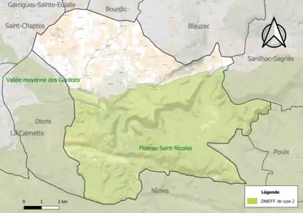 Carte des ZNIEFF de type 2 sur la commune.