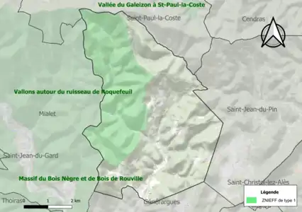 Carte de la ZNIEFF de type 1 sur la commune.