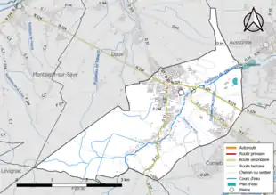 Carte en couleur présentant le réseau hydrographique de la commune