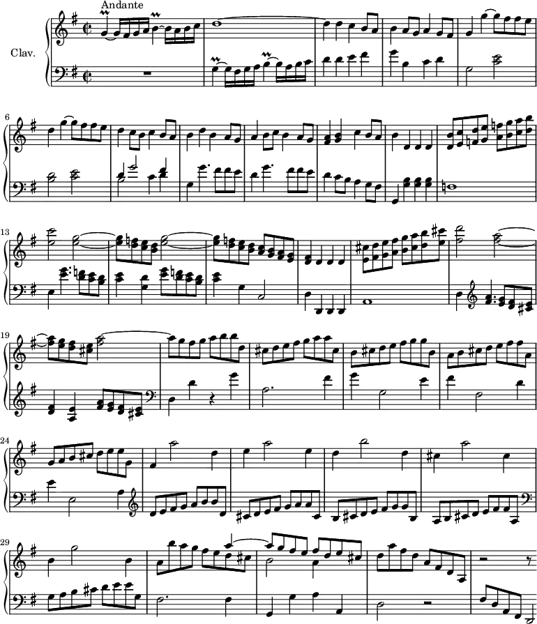 \version "2.18.2"
\header {
  tagline = ##f
  % composer = "Domenico Scarlatti"
  % opus = "K. 324"
  % meter = "Andante"
}
%% les petites notes
trillG     = { \tag #'print { g4\prall~ } \tag #'midi { a32 g a g~ g8~ } }
trillB     = { \tag #'print { b4\prall~ } \tag #'midi { c32 b c b~ b8~ } }
upper = \relative c'' {
  \clef treble 
  \key g \major
  \time 2/2
  \tempo 2 = 72
      s8*0^\markup{Andante}
      \trillG g16 fis g a \trillB b16 a b c | d1~ | d4 d c b8 a | b4 a8 g a4 g8 fis |
      % ms. 5
      g4 \repeat unfold 2 { g'4~ g8 fis fis e | d4 } c8 b c4 b8 a | b4 d b a8 g | a4 b8 c b4 a8 g |
      % ms. 10
      < fis a >4 < g b > c b8 a | b4 d, d d | < d b' >8 < e c' > < f d' > < g e' > < a f' > < b g' > < c a'  > < d b' > |
      < e c' >2 \repeat unfold 2 { < e g >2~ |
      % ms. 14
      q8 < d f >8 < c e > < b d > } < a c > < g b > < fis a > < e g > | < d fis >4 d d d |
      < e cis' >8 < fis d' > < g e' > < a fis' > < b g' > < cis a'  > < d b' > < e cis' > |
      % ms. 18
      < fis d' >2 < fis a >2~ q8 < e g >8 < d fis > < cis e > < fis a >2~ | a8 g fis g a b b d, | cis d e fis g a a cis, |
      % ms. 22
      b8 cis d e fis g g b, | a b cis d e fis fis a, | g a b cis d e e g, | fis4 a'2 d,4 |
      % ms. 26
      e4 a2 e4 | d b'2 d,4 | cis a'2 cis,4 | b g'2 b,4 | 
      % ms. 30
      a8 b' a g << { s4 a4~ | a8 g fis e fis d e cis } \\ { fis8 e d cis | b2 a4 } >> | d8 a' fis d a fis d a | r2 r8
}
lower = \relative c' {
  \clef bass
  \key g \major
  \time 2/2
    % ************************************** \appoggiatura a16  \repeat unfold 2 {  } \times 2/3 { }   \omit TupletNumber 
      R1 | \trillG g16 fis g a \trillB b16 a b c | d4 d e fis | g b, c d |
      % ms. 5
      g,2 < c e >2 | < b d > < c e > | << { d4 g2 fis4 } \\ { b,2 c4 d } >> | g,4 \repeat unfold 2 { g'4. fis8 fis e |
      % ms. 10
       d4 } c8 b a4 g8 fis | g,4 < g' b > q q | f1 | e4 < e' g >4. < d f >8 < c e > < b d >
      % ms. 14
      < c e >4 < g d' > < e' g >8 < d f > < c e > < b d > | < c e >4 g4 c,2 | d4 d, d d | a'1 |
      % ms. 18
      d4   \clef treble  < fis' a >4. < e g >8 < d fis > < cis e > | < d fis >4 < a e' > < fis' a >8 < e g > < d fis > < cis e >   \clef bass | d,4 d' r4 g | a,2. fis'4 |
      % ms. 22
      g4 g,2 e'4 | fis fis,2 d'4 | e e,2 a4 \clef treble | d8 e fis g a b b d, |
      % ms. 26
      cis8 d e fis g a a cis, | b cis d e fis g g b, | a b cis d e fis fis a, \clef bass | g a b cis d e e g, | 
      % ms. 30
      fis2. fis4 | g, g' a a, | d2 r2 | fis8  d a fis d2*1/4
}
thePianoStaff = \new PianoStaff <<
    \set PianoStaff.instrumentName = #"Clav."
    \new Staff = "upper" \upper
    \new Staff = "lower" \lower
  >>
\score {
  \keepWithTag #'print \thePianoStaff
  \layout {
      #(layout-set-staff-size 17)
    \context {
      \Score
     \override TupletBracket.bracket-visibility = ##f
     \override SpacingSpanner.common-shortest-duration = #(ly:make-moment 1/2)
      \remove "Metronome_mark_engraver"
    }
  }
}
\score {
  \keepWithTag #'midi \thePianoStaff
  \midi { \set Staff.midiInstrument = #"harpsichord" }
}