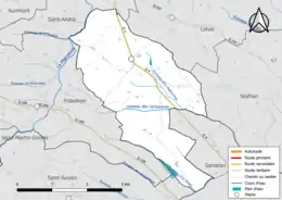 Carte en couleur présentant le réseau hydrographique de la commune