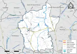 Carte en couleur présentant le réseau hydrographique de la commune