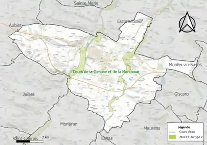 Carte de la ZNIEFF de type 2 sur la commune.