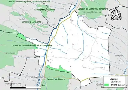 Carte des ZNIEFF de type 1 sur la commune.