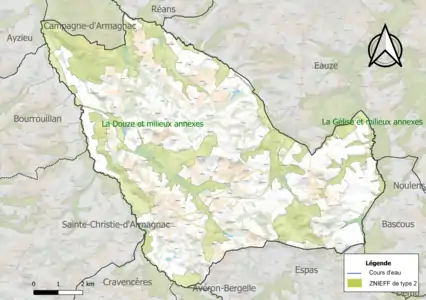 Carte des ZNIEFF de type 2 sur la commune.