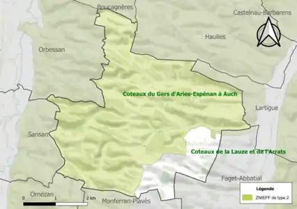 Carte de la ZNIEFF de type 2 sur la commune.