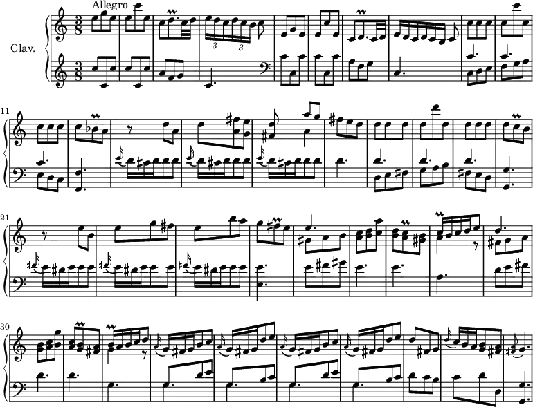 
\version "2.18.2"
\header {
  tagline = ##f
  % composer = "Domenico Scarlatti"
  % opus = "K. 231"
  % meter = "Allegro"
}

%% les petites notes
trillDqp     = { \tag #'print { d8.\prall } \tag #'midi { e32 d e d~ d16 } }
trillBesq    = { \tag #'print { bes8\prall } \tag #'midi { c32 bes c bes } }
trillCqq     = { \tag #'print { c16\prall } \tag #'midi { \times 2/3 { c32 d c } } }
trillBqq     = { \tag #'print { b16\prall } \tag #'midi { \times 2/3 { b32 c b } } }
trillFisq    = { \tag #'print { fis8\prall } \tag #'midi { g32 fis g fis } }
trillCq      = { \tag #'print { c8\prall } \tag #'midi { d32 c d c } }
trillACq     = { \tag #'print { < a c >8\prall } \tag #'midi { << { d32 c d c } \\ { a8 } >>  } }
trillGBq     = { \tag #'print { < g b >8\prall } \tag #'midi { << { c32 b c b } \\ { g8 } >>  } }
appoAG       = { \tag #'print { \appoggiatura < fis a >8 g4. } \tag #'midi {   \tempo 4. = 40 < fis a >8   \tempo 4. = 30 g4   \tempo 4. = 60 } }

upper = \relative c'' {
  \clef treble 
  \key c \major
  \time 3/8
  \tempo 4. = 60
  \set Staff.midiInstrument = #"harpsichord"
  \override TupletBracket.bracket-visibility = ##f

      s8*0^\markup{Allegro}
      e8 g e | e c' e, | c \trillDqp c32 d | \times 2/3 { e16[ d c } \times 2/3 { d c b] }  \omit TupletNumber  c8 
      % ms. 5
      e,8 g e | e c' e, | c \trillDqp c32 d | \times 2/3 { e16[ d c } \times 2/3 { d c b] }   \tempo 4. = 30 c8   \tempo 4. = 60
      % ms. 9
      c'8 c c | c c' c, | c c c | c \trillBesq \tempo 4. = 30 a8 | \tempo 4. = 60
      % ms. 13
      r8 d a | d < a fis' > < g e' > | < fis d' > << { a'8 g } \\ { a,4 } >> | fis'8 e d | d d d | d d' d, |
      % ms. 19
      d8 d d | d \trillCq b8 | r8 e8 b | e g fis | e b' a | g \trillFisq e8 |
      % ms. 25
      << { e4. } \\ { gis,8 a b } >> | < a c > < b d > < c a' > | < b d > \trillACq < gis b >8 | << { \trillCqq b16 c d e8 } \\ { a,4 r8 } >> 
      % ms. 29
      << { d4. } \\ { fis,8 g a } >> | < g b > < a c > < b g' > | < a c > \trillGBq < fis a >8 | << { \trillBqq a16 b c d8 } \\ { g,4 r8 } >>
      % ms. 33
      \repeat unfold 2 { \appoggiatura a16  \omit TupletNumber  \times 2/3 { g16 fis g } b8 c | \appoggiatura a16  \times 2/3 { g16 fis g } d'8 e } | d8 fis, g |
      % ms. 38
      \appoggiatura d'16  \times 2/3 { c16 b a } < g b >8 < fis a > | \appoAG |

}

lower = \relative c' {
  \clef bass
  \key c \major
  \time 3/8
  \set Staff.midiInstrument = #"harpsichord"
  \override TupletBracket.bracket-visibility = ##f

    % ************************************** \appoggiatura a16  \repeat unfold 2 {  } \times 2/3 { }   \omit TupletNumber 
      \clef treble \repeat unfold 2 { c'8 c, c' } | a f g | c,4.   \clef bass
      % ms. 5
      \repeat unfold 2 { c8 c, c' } | a f g | c,4. 
      % ms. 9
      << { c'4. c c  } \\ { c,8 d e | f g a | e d c } >> < f, f' >4.
      % ms. 13
      \repeat unfold 3 { \appoggiatura e''16  \omit TupletNumber  \times 2/3 { d16 cis d } d8 d } | d4. | << { d4. d d  } \\ { d,8 e fis | g a b | fis e d } >> |
      % ms. 21
      < g, g' >4. | \repeat unfold 3 { \appoggiatura fis''16  \omit TupletNumber  \times 2/3 { e16 dis e } e8 e } | < e, e' >4. |
      % ms. 25
      e'8 fis gis | e4. e a, | d8 e fis | d4. d |
      % ms. 32
      g,4. | \repeat unfold 2 { << { g8 d' e | g, b c } \\ { \mergeDifferentlyDottedOn g4. g } >> } | d'8 c b |
      % ms. 38
      c8 d d, | < g, g' >4. |

}

thePianoStaff = \new PianoStaff <<
    \set PianoStaff.instrumentName = #"Clav."
    \new Staff = "upper" \upper
    \new Staff = "lower" \lower
  >>

\score {
  \keepWithTag #'print \thePianoStaff
  \layout {
      #(layout-set-staff-size 17)
    \context {
      \Score
     \override SpacingSpanner.common-shortest-duration = #(ly:make-moment 1/2)
      \remove "Metronome_mark_engraver"
    }
  }
}

\score {
  \keepWithTag #'midi \thePianoStaff
  \midi { }
}
