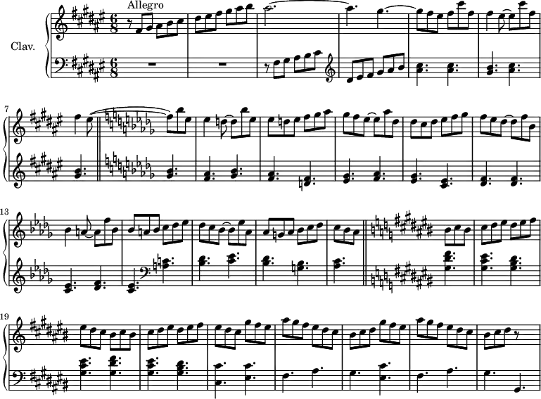 \version "2.18.2"
\header {
tagline = ##f
}
%% les petites notes
trillD = { \tag #'print { d8\trill } \tag #'midi { \times 2/3 { e32 d e } d16 } }
{ \tag #'print { } \tag #'midi { } }
upper = \relative c' {
\clef treble
\key fis \major
\time 6/8
\tempo 4. = 92
\set Staff.midiInstrument = #"harpsichord"
r8^\markup{Allegro} fis gis ais b cis | dis eis fis gis ais b | ais2.~ | ais4. gis~ | gis8 fis eis fis cis' fis, |
% ms. 6
fis4 eis8~ eis cis' fis, | fis4 { \tag #'print { eis8~( \bar "||" \key des \major f8) } \tag #'midi { eis8~ eis } } bes' ees, | ees4 d8~ d bes' ees, | ees d ees f ges aes | ges f ees~ ees aes des, |
% ms. 11
des8 c des ees f ges | f ees des~ des f bes, | bes4 a8~ a f' bes, | bes a bes c des ees | des c bes~ bes ees aes, | aes g aes bes c des |
% ms. 17
c bes aes \bar "||" \key cis \major bis8 cis bis | cis dis eis dis eis fis | eis dis cis bis cis bis | cis dis eis dis eis fis | eis dis cis gis' fis eis |
% ms. 22
ais8 gis fis eis dis cis | bis cis dis gis fis eis | ais8 gis fis eis dis cis | bis cis dis r8 s4 % gis dis |
}
lower = \relative c {
\clef bass
\key fis \major
\time 6/8
\set Staff.midiInstrument = #"harpsichord"
%\override TupletBracket.bracket-visibility = ##f
% **************************************
R2.*2 r8 fis gis ais b cis | \clef treble dis eis fis gis ais b | < ais cis >4. q < gis b > < ais cis > < gis b > |
% ms. 8
\key des \major
\repeat unfold 2 { < ges bes >4. < f aes > } < d f >4. < ees ges > < f aes > < ees ges > < c ees > < des f > q < c ees > < des f > < c ees > \clef bass < a c! > < bes des > < c ees > < bes des > < g bes > |
% ms. 17
< aes c >4. \bar "||" \key cis \major < gis dis' fis >4. | < gis cis eis > < gis bis dis > | < gis cis eis > < gis dis' fis > | < gis cis eis > < gis bis dis > < cis, cis' >4. < eis cis' > |
% ms. 22
fis4. ais gis < eis cis' > fis ais gis gis, |
}
thePianoStaff = \new PianoStaff <<
\set PianoStaff.instrumentName = #"Clav."
\new Staff = "upper" \upper
\new Staff = "lower" \lower
>>
\score {
\keepWithTag #'print \thePianoStaff
\layout {
#(layout-set-staff-size 17)
\context {
\Score
\override SpacingSpanner.common-shortest-duration = #(ly:make-moment 1/2)
\remove "Metronome_mark_engraver"
}
}
}
\score {
\keepWithTag #'midi \thePianoStaff
\midi { }
}