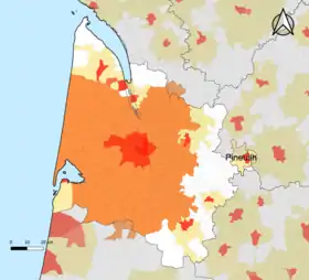 Localisation de l'aire d'attraction de Pineuilh dans le département de la Gironde.