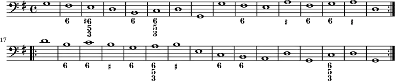 
<<
\relative c' {
    \version "2.18.2"
    \key g \major
    \time 4/4
    \tempo ""
    \clef bass
    g1  fis e d b c d g, 
    g' fis e a fis g a d, \bar ":|.|:" \break
    d' b c b g a b e, 
    c b a d g, c d g, \bar ":|."
}
\new FiguredBass {
  \figuremode {
    <_>1 <6> <6+ 5 3> <_> <6> <6 5 3> <_> <_>
    <_> <6> <_> <_+> <6> <6> <_+> <_>
    <_> <6> <6> <_+> <6> <6 5 3> <_+> <_>
    <6> <6> <_> <_> <_> <6 5 3> <_> <_>
  }
}
>>
