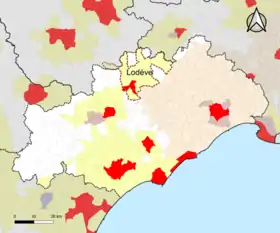 Localisation de l'aire d'attraction de Lodève dans le département de l'Hérault.