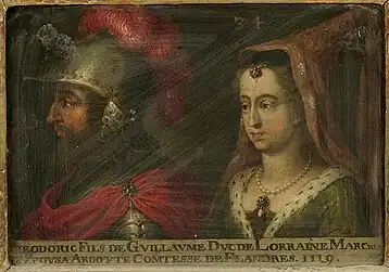 Les époux sont représentés côte à côte. Le duc, tourné vers la gauche, est en armure tandis que la duchesse porte un riche vêtement brodé d'hermine et est coiffée d'un hennin conique.