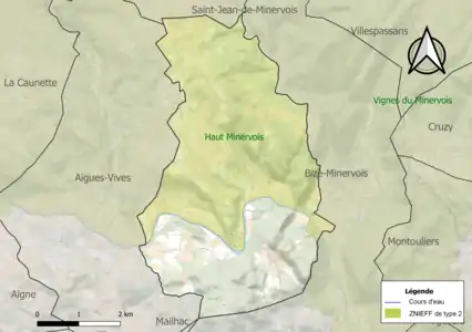 Carte de la ZNIEFF de type 2 sur la commune.