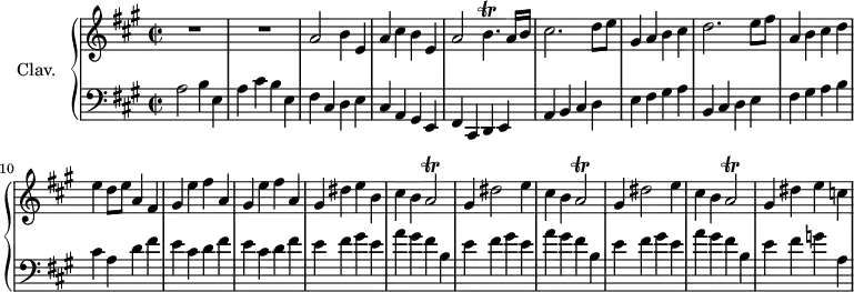 
\version "2.18.2"
\header {
  tagline = ##f
  % composer = "Domenico Scarlatti"
  % opus = "K. 83"
  % meter = "Allegro"
}

%% les petites notes
trillBp       = { \tag #'print { b4.\trill } \tag #'midi { cis32 b cis b~ b4 } }
trillAb       = { \tag #'print { a2\trill } \tag #'midi { b32 a b a~ a8~ a4 } }


upper = \relative c'' {
  \clef treble 
  \key a \major
  \time 2/2
  \tempo 2 = 88
  \set Staff.midiInstrument = #"harpsichord"
  \override TupletBracket.bracket-visibility = ##f

      %s8*0^\markup{Allegro}
      R1*2 | a2 b4 e, | a cis b e, |
      % ms. 5
      a2 \trillBp a16 b | cis2. d8 e | gis,4 a b cis | d2. e8 fis | a,4 b cis d |
      % ms. 10
      e4 d8 e a,4 fis | \repeat unfold 2 { gis4 e' fis a, } | gis4 dis' e b | cis b \trillAb 
      % ms. 15
      \repeat unfold 2 { gis4 dis'2 e4 | cis b \trillAb } | gis4 dis' e c |

}

lower = \relative c' {
  \clef bass
  \key a \major
  \time 2/2
  \set Staff.midiInstrument = #"harpsichord"
  \override TupletBracket.bracket-visibility = ##f

    % ************************************** 
      a2 b4 e, | a cis b e, | fis cis d e | cis a gis e |
      % ms. 5
      fis4 cis d e | a b cis d | e fis gis a | b, cis d e | fis gis a b |
      % ms. 10
      cis4 a d fis | \repeat unfold 2 { e cis d fis } | \repeat unfold 3 { e4 fis gis e | a gis fis b, } | e4 fis g a, |
      % ms. 15
      

}

thePianoStaff = \new PianoStaff <<
    \set PianoStaff.instrumentName = #"Clav."
    \new Staff = "upper" \upper
    \new Staff = "lower" \lower
  >>

\score {
  \keepWithTag #'print \thePianoStaff
  \layout {
      #(layout-set-staff-size 17)
    \context {
      \Score
     \override SpacingSpanner.common-shortest-duration = #(ly:make-moment 1/2)
      \remove "Metronome_mark_engraver"
    }
  }
}

\score {
  \keepWithTag #'midi \thePianoStaff
  \midi { }
}
