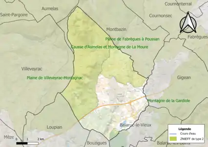 Carte des ZNIEFF de type 2 sur la commune.