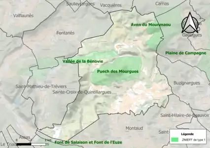 Carte des ZNIEFF de type 1 sur la commune.