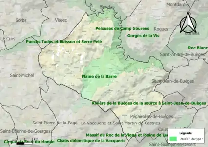 Carte des ZNIEFF de type 1 sur la commune.