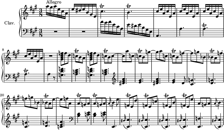 
\version "2.18.2"
\header {
  tagline = ##f
  % composer = "Domenico Scarlatti"
  % opus = "K. 62"
  % meter = "Allegro"
}

%% les petites notes
trillCispUp     = { \tag #'print { cis'4.\trill } \tag #'midi { d32 cis d cis~ cis4 } }
trillbpUp       = { \tag #'print { b4.\trill } \tag #'midi { cis32 b cis b~ b4 } }
trillAp         = { \tag #'print { a4.\trill } \tag #'midi { b32 a b a~ a4 } }
trillCq         = { \tag #'print { c8\trill } \tag #'midi { d32 c d c } }
trillBesq       = { \tag #'print { bes8\trill } \tag #'midi { c32 bes c bes } }
trillAq         = { \tag #'print { a8\trill } \tag #'midi { b32 a b a } }
trillFqDown     = { \tag #'print { f,8\trill } \tag #'midi { g32 f g f } }
trillFq         = { \tag #'print { f8\trill } \tag #'midi { g32 f g f } }
appoBp          = { \tag #'print { \appoggiatura a16 b4. } \tag #'midi { a8   \tempo 4. = 50 b4   \tempo 4. = 82 } }

upper = \relative c'' {
  \clef treble 
  \key a \major
  \time 3/8
  \tempo 4. = 82
  \set Staff.midiInstrument = #"harpsichord"
  \override TupletBracket.bracket-visibility = ##f

      s8*0^\markup{Allegro}
       a'16 gis a e cis a  e' dis e b gis e | \trillCispUp | \trillbpUp | \repeat unfold 4 { cis16 e a, cis e, a } |
      % ms. 9
      R4. | < gis b d f >8 f' d | \trillCq b a | 
      % ms. 12
      < gis b d f >8 f' d | \trillCq b c~ | c a' c, |  \trillCq b g'~ | g a c, |  \trillCq b f'~ |
      % ms. 18
      f8  g bes, | \trillBesq a8 f'~ | f g bes,8 | \trillBesq a8 e'~ | e  f a, | \trillAq g8 a |
      % ms. 24
      \trillAq g8 a | \appoggiatura a32 b4 e8 | \trillFqDown e8 d' | \trillFqDown e8 c' | \trillFqDown e8 b' | \trillFq e8 e' |
      % ms. 30
      a,8 g a | \appoBp |

}

lower = \relative c' {
  \clef bass
  \key a \major
  \time 3/8
  \set Staff.midiInstrument = #"harpsichord"
  \override TupletBracket.bracket-visibility = ##f

    % ************************************** \appoggiatura a16  \repeat unfold 2 {  } \times 2/3 { }   \omit TupletNumber 
      R4.*2 | a'16 gis a e cis a  e' dis e b gis e | a,4. |
      % ms. 6
      a'4. \trillAp \trillAp a4 r8 | \repeat unfold 2 { < g d' f >4. | < a c e > }
      % ms. 14
        \clef treble < dis fis a >4. < e gis > < dis fis a > < e gis >4 d8 |
      % ms. 18
      \repeat unfold 2 { < cis g' >4. < d g > } | < c e a >4.  |  \repeat unfold 2 { \clef bass <b d >4 < c e >8 } |
      % ms. 25
      e,,4. \repeat unfold 4 { \appoggiatura dis'32 < e, e' >4. }
      % ms. 30
      < e f' >4. \appoggiatura dis'16 < e, e' >4.

}

thePianoStaff = \new PianoStaff <<
    \set PianoStaff.instrumentName = #"Clav."
    \new Staff = "upper" \upper
    \new Staff = "lower" \lower
  >>

\score {
  \keepWithTag #'print \thePianoStaff
  \layout {
      #(layout-set-staff-size 17)
    \context {
      \Score
     \override SpacingSpanner.common-shortest-duration = #(ly:make-moment 1/2)
      \remove "Metronome_mark_engraver"
    }
  }
}

\score {
  \keepWithTag #'midi \thePianoStaff
  \midi { }
}

