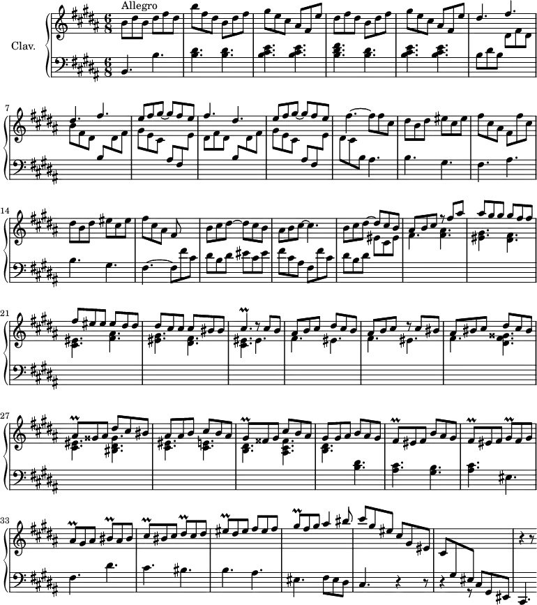 
\version "2.18.2"
\header {
  tagline = ##f
  % composer = "Domenico Scarlatti"
  % opus = "K. 245"
  % meter = "Allegro"
}

%% les petites notes
trillCisp     = { \tag #'print { cis4.\prall } \tag #'midi { dis32 cis dis cis~   \tempo 4. = 66 cis4   \tempo 4. = 120 } }
trillAisq     = { \tag #'print { ais8\prall } \tag #'midi { \times 2/3 { ais16 bis ais } } }
trillGisq     = { \tag #'print { gis8\prall } \tag #'midi { \times 2/3 { gis16 ais gis } } }
trillFisq     = { \tag #'print { fis8\prall } \tag #'midi { \times 2/3 { fis16 gis fis } } }
trillBisq     = { \tag #'print { bis8\prall } \tag #'midi { \times 2/3 { bis16 cis bis } } }
trillCisq     = { \tag #'print { cis8\prall } \tag #'midi { \times 2/3 { cis16 dis cis } } }
trillDisq     = { \tag #'print { dis8\prall } \tag #'midi { \times 2/3 { dis16 eis dis } } }
trillEisq     = { \tag #'print { eis8\prall } \tag #'midi { \times 2/3 { eis16 fis eis } } }

upper = \relative c'' {
  \clef treble 
  \key b \major
  \time 6/8
  \tempo 4. = 120

      s8*0^\markup{Allegro}
      b8 dis b dis fis dis | b' fis dis b dis fis | gis e cis ais fis e' | dis fis dis b dis fis | gis e cis ais fis e' | 
      % ms. 6
      \stemUp \repeat unfold 2 { dis4. fis } | e8 fis gis~ gis fis e | fis4. dis | e8 fis gis~ gis fis e \stemNeutral |
      % ms. 11
      fis4.~ fis8 fis cis | dis b dis eis cis eis | fis cis ais fis fis' cis | dis b dis eis cis eis | fis cis ais fis8 s4
      % ms. 16
      b8 cis dis~ dis cis b | ais b cis~ cis4. | b8 cis dis~  \stemUp dis cis b | ais b cis r8 fis ais | ais gis gis gis fis fis |
      % ms. 21
      fis8 eis eis eis dis dis | dis cis cis cis bis bis | \trillCisp r8 cis8 b | ais b cis dis cis b | ais b cis r8 cis8 bis |
      % ms. 26
      ais8 bis cis dis cis bis | \trillAisq gisis8 ais dis cis bis| ais ais b cis b ais | \trillGisq fisis8 gis cis b ais | gis gis ais b ais gis |
      % ms. 31
      \trillFisq eis8 fis  b ais gis | \trillFisq eis8 fis  \trillGisq fis8 gis | \trillAisq gis8 ais \trillBisq ais bis | \trillCisq bis8 cis \trillDisq cis dis | \trillEisq dis eis fis eis fis |
      % ms. 36
      \trillGisq fis gis ais4 bis8 cis8 gis eis cis gis eis | cis \stemUp  \change Staff = "lower" gis eis \change Staff = "upper"  s4. | r4 r8 

}

lower = \relative c' {
  \clef bass
  \key b \major
  \time 6/8

    % ************************************** \appoggiatura a16  \repeat unfold 2 {  } \times 2/3 { }   \omit TupletNumber 
      b,4. b' | < b dis > q | < b cis e > q | < b dis fis > < b dis > | < b cis e > q |
      % ms. 6
      b8 dis b \stemDown \change Staff = "upper" dis fis dis |
      b' \stemDown  \change Staff = "upper" fis dis \stemUp \change Staff = "lower" |
      b \stemDown  \change Staff = "upper" dis fis |
      gis e cis \stemUp \change Staff = "lower" ais fis \stemDown \change Staff = "upper" e' |
      dis fis dis  \stemUp \change Staff = "lower" b \stemDown \change Staff = "upper" dis fis | gis e cis \stemUp \change Staff = "lower" ais fis \stemDown  \change Staff = "upper" e' |
      % ms. 11
      dis8 cis \stemDown \change Staff = "lower"  b \stemNeutral  ais4. | b gis | fis ais | b gis | fis4.~ fis8 fis' cis |
      % ms. 16
      dis8 b dis  eis cis eis | fis cis ais fis fis' cis | dis b dis \stemDown \change Staff = "upper" eis cis eis | fis4. \repeat unfold 2 { < fis ais > | < eis gis > < dis fis > |
      % ms. 21
      < cis eis >4. } eis4. | \repeat unfold 2 { fis eis }
      % ms. 26
      fis4. < dis fis gisis > | < cis eis > < bis dis gisis > | < cis eis > < cis e > | < b dis > < ais cis fisis > | < b dis > \stemNeutral \change Staff = "lower" < b dis >4. 
      % ms. 31
      < ais cis >4. < gis b > | < ais cis > eis4. | fis dis' | cis bis | b ais |
      % ms. 36
      eis4. fis8 eis dis | cis4. r4 r8 | r4 r8 cis8 gis eis | cis4. 

}

thePianoStaff = \new PianoStaff <<
    \set PianoStaff.instrumentName = #"Clav."
    \new Staff = "upper" \upper
    \new Staff = "lower" \lower
  >>

\score {
  \keepWithTag #'print \thePianoStaff
  \layout {
      #(layout-set-staff-size 17)
    \context {
      \Score
     \override TupletBracket.bracket-visibility = ##f
     \override SpacingSpanner.common-shortest-duration = #(ly:make-moment 1/2)
      \remove "Metronome_mark_engraver"
    }
  }
}

\score {
  \keepWithTag #'midi \thePianoStaff
  \midi { \set Staff.midiInstrument = #"harpsichord" }
}
