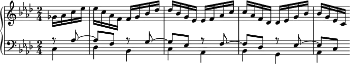 \version "2.18.2"
\header {
tagline = ##f
}
upper = \relative c'' {
\clef treble
\key f \minor
\time 2/4
\tempo 4 = 56
\set Staff.midiInstrument = #"harpsichord"
\set Score.currentBarNumber = #20
%\context Score \applyContext #(set-bar-number-visibility 4)
\bar ""
%% PRÉLUDE CBT II-12, BWV 881, fa mineur
\partial 4 ges16 aes c ees ees c aes f f g bes des des bes g ees ees f aes c c aes f des des ees g bes bes g ees c
}
lower = \relative c' {
\clef bass
\key f \minor
\time 2/4
\set Staff.midiInstrument = #"harpsichord"
<< { r8 aes8~ aes f r8 g~ g ees r8 f~ f des r8 ees~ ees c } \\ { c4 des bes c aes bes g aes } >>
}
\score {
\new PianoStaff <<
%\set PianoStaff.instrumentName = #""
\new Staff = "upper" \upper
\new Staff = "lower" \lower
>>
\layout {
\context {
\Score
\remove "Metronome_mark_engraver"
}
}
\midi { }
}