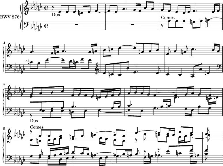 
\version "2.18.2"
\header {
  tagline = ##f
}

Dux   = { r8_\markup{Dux} ees8 ees ees d ees f4~ f8 ees aes4. ges16 f bes8 aes ges }
Comes = { r8^\markup{Comes} bes8 bes bes a bes c4~ c8 bes ees4~ ees8 des16 c f8 ees }

upper = \relative c' {
  \clef treble 
  \key ees \minor
  \time 4/4
  \tempo 4 = 60
  \set Staff.midiInstrument = #"harpsichord" 

   %% FUGUE CBT II-8, BWV 876, ré dièse mineur
   \Dux f8 ees des16 ees f4. ees16 f ges4. f16 g aes4. g16 a bes8 c des4~ des8 g, aes bes ees, aes4 g8 ces4. bes16 aes ges8 aes bes ces f,16 ges f ees d ees f ges aes bes aes ges << { f4~ f8 ges16 aes ges8 f } \\ { s4 des4. c16 d } >>
    << { \relative c'' \Comes des'8~ } \\ {  ees,8 d ees16 f ges8 f4. ges16 f ees8 des r8 des'8 c bes aes16 bes c8~ c8 } >>
   
}

lower = \relative c' {
  \clef bass 
  \key ees \minor
  \time 4/4
  \set Staff.midiInstrument = #"harpsichord" 

   R1*2 \Comes \clef treble des8 c bes bes' ees,4. des8 ces4 bes aes8 aes' d,4
   \clef bass 
   << { \stemDown \change Staff ="upper" ees8 \stemUp \change Staff ="lower" f,8 ges aes bes4. aes16 bes ces4. bes16 c s2 s8 aes8 ges16 aes bes c des8 c16 bes a4~ | a8 bes16 a bes8 r8 r8 ees8 c f f4 } \\ { \relative c \Dux f,8 ees des16 ees f4. ees16 f ges4. f16 g aes4. g16 a bes8  } >>
} 

\score {
  \new PianoStaff <<
    \set PianoStaff.instrumentName = #"BWV 876"
    \new Staff = "upper" \upper
    \new Staff = "lower" \lower
  >>
  \layout {
    \context {
      \Score
      \remove "Metronome_mark_engraver"
    }
  }
  \midi { }
}

