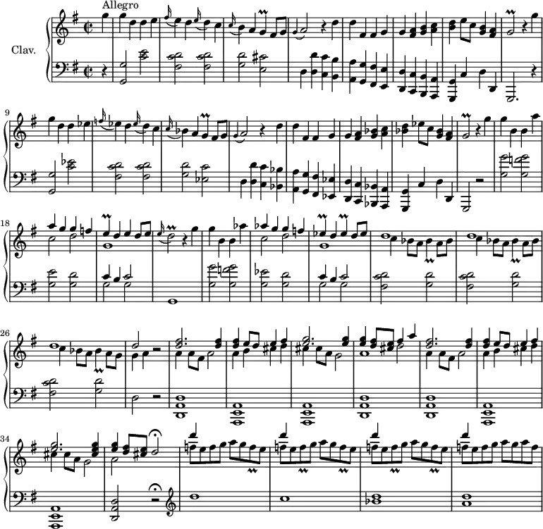 
\version "2.18.2"
\header {
  tagline = ##f
  % composer = "Domenico Scarlatti"
  % opus = "K. 470"
  % meter = "Allegro"
}

%% les petites notes
trillG     = { \tag #'print { g4\prall } \tag #'midi { a32 g a g~ g8 } }
trillGb    = { \tag #'print { g2\prall } \tag #'midi { a32 g a g~ g4. } }
trillE     = { \tag #'print { e4\prall } \tag #'midi { f32 e f e~ e8 } }
trillEes   = { \tag #'print { ees4\prall } \tag #'midi { f32 ees f ees~ ees8 } }
trillDb    = { \tag #'print { d2\prall } \tag #'midi { e32 d e d~ d4. } }
trillBes   = { \tag #'print { bes4\prall } \tag #'midi { c32 bes c bes~ bes8 } }
trillFq    = { \tag #'print { f8\prall } \tag #'midi { g32 f g f } }

upper = \relative c'' {
  \clef treble 
  \key g \major
  \time 2/2
  \tempo 2 = 92
  \set Staff.midiInstrument = #"harpsichord"

      s8*0^\markup{Allegro}
      \partial 4
      g'4 | g d d e | \appoggiatura fis16 e4 d \appoggiatura e16 d4 c | \appoggiatura c16 b4 a \trillG fis8 g | \appoggiatura g4 a2  r4 d4 | d fis, fis g |
      % ms. 6
      g4 < fis a > < g b > < a c > | < b d > e8 c < g b >4 < fis a > | \trillGb r4
      g'4 | g d d ees | \appoggiatura f16 ees4 d \appoggiatura ees16 d4 c | \appoggiatura c16 bes4 a \trillG fis8 g |
      % ms. 12
      \appoggiatura g4 a2  r4 d4 | d fis, fis g | g4 < fis a > < g bes > < a c > | < bes d > ees8 c < g bes >4 < fis a > | \trillGb r4 g'4 | g b, b a' | 
      % ms. 18
      << { a4 g g f | \trillE d e d8 e } \\ { c2 d | g,1 } >> \appoggiatura e'16 \trillDb r4 g4 | g b, b aes' |
      << { aes4 g g f | \trillEes d \trillEes d8 ees } \\ { c2 d | g,1 } >>
      % ms. 24
      \repeat unfold 2 { << { d'1 } \\ { c4 bes8 a \trillBes a8 bes } >> } | << { d1 | d2 } \\ { c4 bes8 a \trillBes a8 g | g4 a } >> r2
      % ms. 28
      << { < d fis >2. q4 | q e8 d e4 fis | < e g >2. q4 | q < d fis >8 < cis e > fis4 a } \\ { s1*3 s2 d,2 }
      \\ { \stemDown a4 a8 fis a2 | a4 b cis d | cis cis8 a g2 | a1 } >>
      % ms. 32
       << { < d fis >2. q4 | q e8 d e4 fis | < e g >2. < cis e g >4 | < e g >4 < d fis >8 < cis e > d2\fermata } 
      \\ { a4 a8 fis a2 | a4 b cis d | cis cis8 a g2 | a2  } >>
      % ms. 36
      << { \repeat unfold 4 { d'4 s2. } } 
      \\ { f,8 e f g a g \trillFq e | \repeat unfold 2 { f8 e \trillFq g8 a g \trillFq e } | f8 e f g a g a f } >>
      % ms. 39
      

}

lower = \relative c' {
  \clef bass
  \key g \major
  \time 2/2
  \set Staff.midiInstrument = #"harpsichord"

    % ************************************** \appoggiatura a16 e4 \repeat unfold 2 {  } \times 2/3 { }   \omit TupletNumber 
      r4 | < g, g' >2 < c' e > | < fis, c' d > q | < g d' > < e cis' > | d4 < d d' > < c c' > < b b' > | < a a' > < g g' > < fis fis' > < e e' > | 
      % ms. 6
      < d d' >4 < c c' > < b b' > < a a' > | < g g' > c' d d, | g,2. r4 | < g' g' >2 < c' ees > | < fis, c' d > q | < g d' > < ees c' >
      % ms. 12
      d4 < d d' > < c c' > < bes bes' > | < a a' > < g g' > < fis fis' > < ees ees' > | < d d' >4 < c c' > < bes bes' > < a a' > | < g g' > | c' d d, | g,2 r2 | < g'' g' >2 < g f' g >
      % ms. 18
      < g e' >2 < g d' > | << { c4 b c2 } \\ { g2 g } >> | g,1 | < g' g' >2 < g f' g > | < g ees' >2 < g d' > | << { c4 b c2 } \\ { g2 g } >> |
      % ms. 24
      \repeat unfold 3 { < fis c' d >2 < g d' > } | d2 r2 | 
      % ms. 28
      < d, a' d >1 | < a e' a > q | < d a' d > q < a e' a > q < d a' d >2 r2\fermata
      % ms. 36
        \clef treble  d'''1 c < bes d > | < a d >

}

thePianoStaff = \new PianoStaff <<
    \set PianoStaff.instrumentName = #"Clav."
    \new Staff = "upper" \upper
    \new Staff = "lower" \lower
  >>

\score {
  \keepWithTag #'print \thePianoStaff
  \layout {
      #(layout-set-staff-size 17)
    \context {
      \Score
     \override TupletBracket.bracket-visibility = ##f
     \override SpacingSpanner.common-shortest-duration = #(ly:make-moment 1/2)
      \remove "Metronome_mark_engraver"
    }
  }
}

\score {
  \keepWithTag #'midi \thePianoStaff
  \midi { }
}
